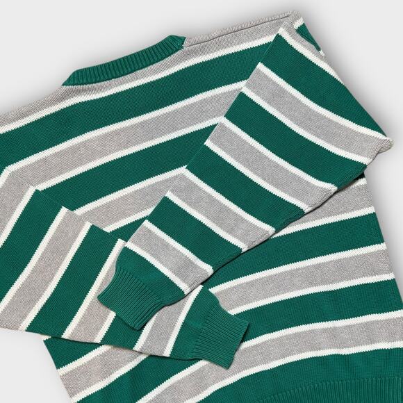 IZOD PREPPY VINTAGE STRIPE CREW NECK SWEATER GREEN WHITE GRAY LARGE - Picture 4 of 8